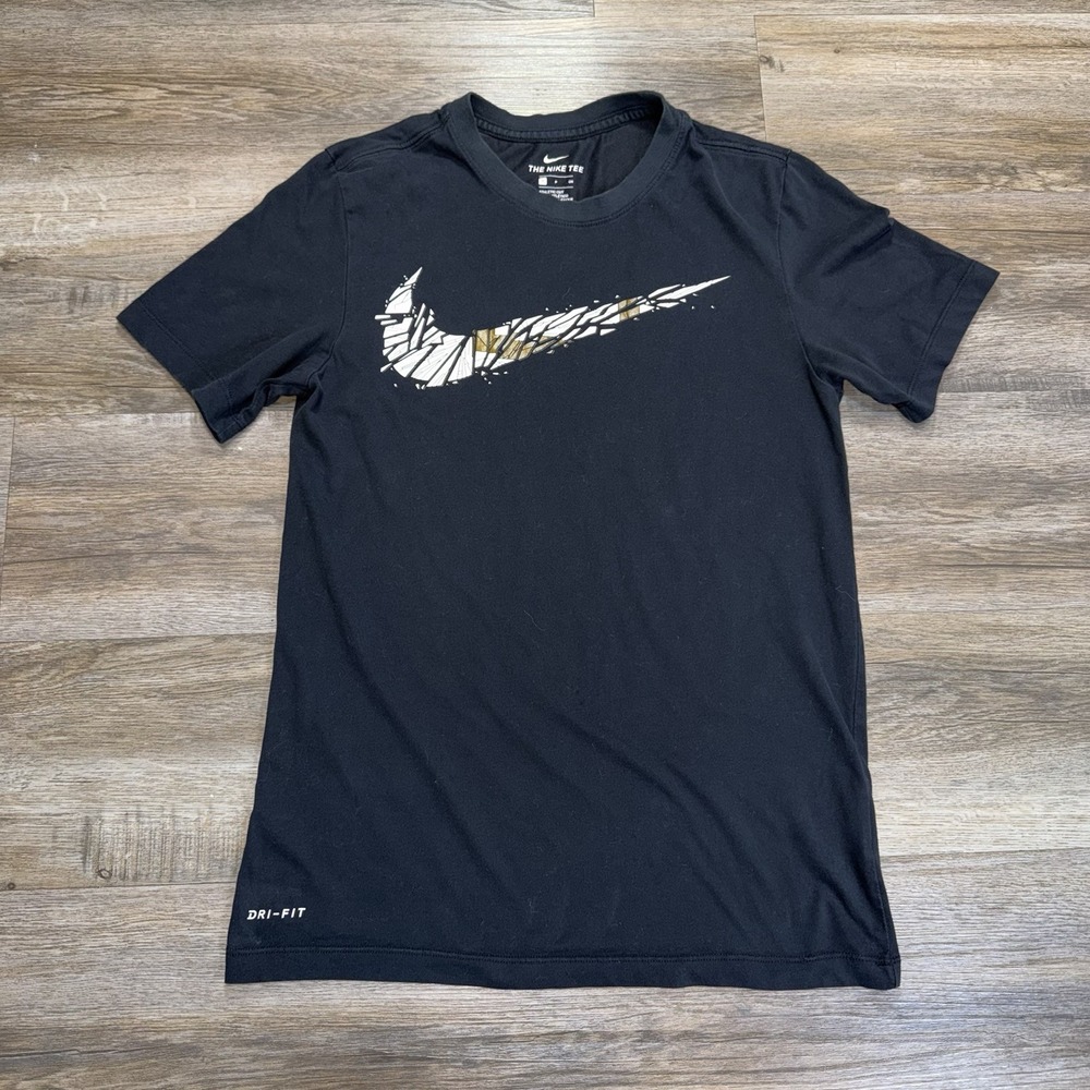 Nike Dri-FIT Black Graphic Logo Shirt Mens Small White Gold Shattered Swoosh